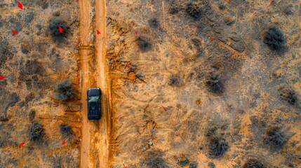 A robust off road vehicle navigates through a dusty, unpaved track in a desolate area. Bright red flags mark the landscape, indicating an exploration or surveying activity under clear skies.