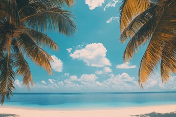 Tropical paradise beach with leaning palm trees on white sand. Crystal clear turquoise ocean water under blue sky. Summer vacation destination. Caribbean island landscape with copy space