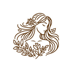 Fototapeta premium Natural beauty woman long hair vintage logo for salon or cosmetic product with line art style. Line art floral women logo design. creative vintage editable vector illustration. beautiful girl icon