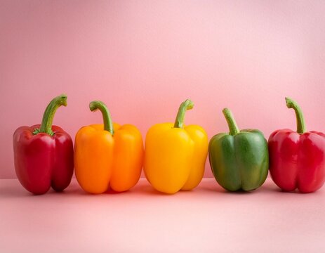 vibrant colorful bell peppers row fresh produce healthy food pink background