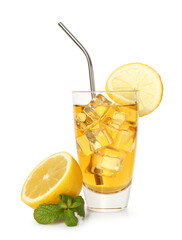 Refreshing iced tea with mint, slices of lemon and drinking straw isolated on white