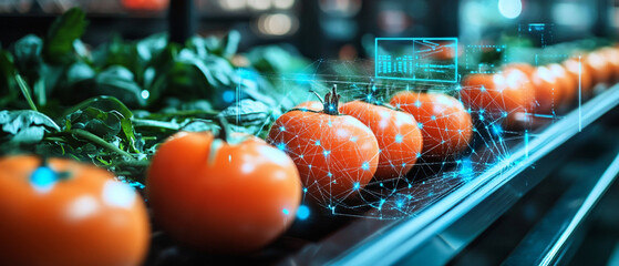 Fresh tomatoes and greens neatly arranged in a grocery store, showcasing vivid colors and technology. A blend of health, nutrition, and modern shopping experiences.