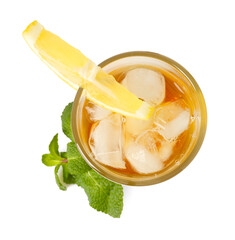 Refreshing iced tea with slice of lemon and mint isolated on white, top view