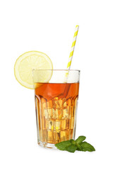 Refreshing iced tea with mint, slice of lemon and drinking straw isolated on white