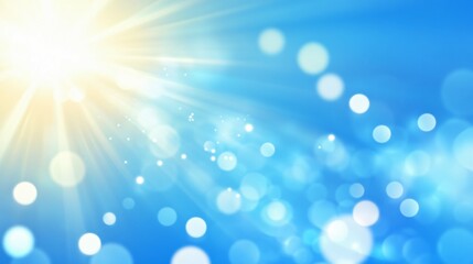 Bright sun rays on blue sky background with white bokeh lights. Abstract summer day atmosphere. Natural light effect. Fresh morning backdrop for wellness design with copy space
