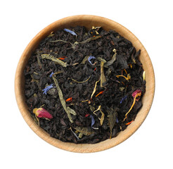 Fototapeta premium Dry tea leaves in bowl isolated on white, top view