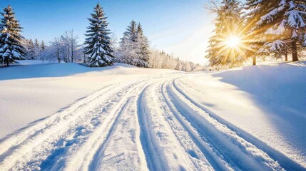 Scenic winter landscape, snowy road winding through a serene forest snowy
