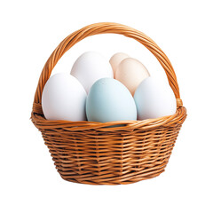 Basket of assorted eggs on white isolate background