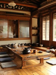 A traditional Korean house with a wood dining room