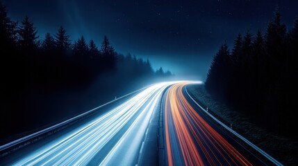 Fototapeta premium Time exposure of a highway at night with light trails and dark forest under a starry sky creating a dynamic scene