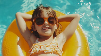 Caucasian girl in sunglasses relaxing on yellow pool float. Happy child enjoying summer vacation in swimming pool. Cheerful kid on inflatable ring. Fun lifestyle moment with copy space