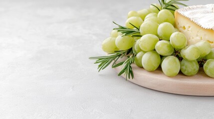 Fresh Cheese and Grapes on Wooden Board