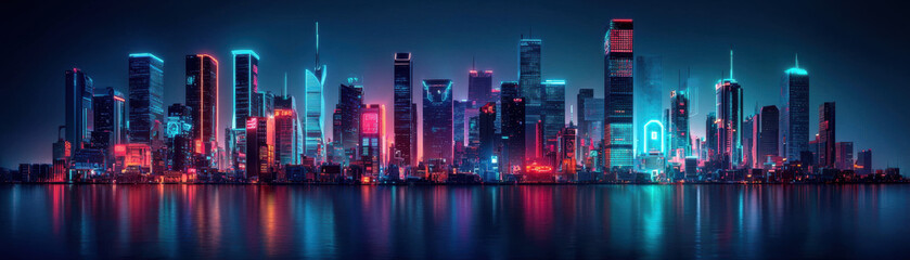 Fototapeta premium Retro Future Cityscape. Vibrant city skyline illuminated at night with reflections on water.