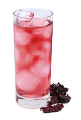 Delicious hibiscus tea with ice in glass and dry roselle sepals isolated on white