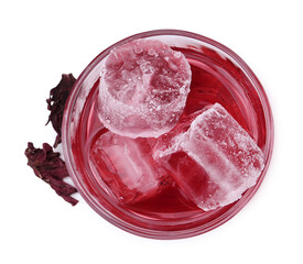 Delicious hibiscus tea with ice in glass and dry roselle sepals isolated on white, top view