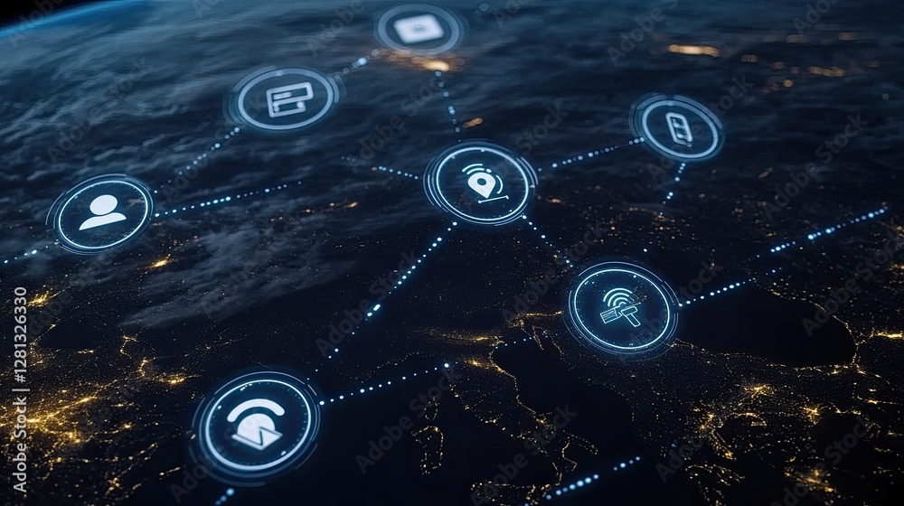 Poster visual representation of a global network with digital icons highlighting data transfer and connecti