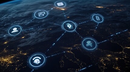 Visual representation of a global network with digital icons highlighting data transfer and connectivity in a sleek blue design