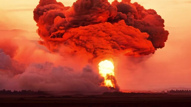 Tracking video with diffused lighting of ground-level explosion, a fiery orange and red shockwave preceding the formation of mushroom cloud