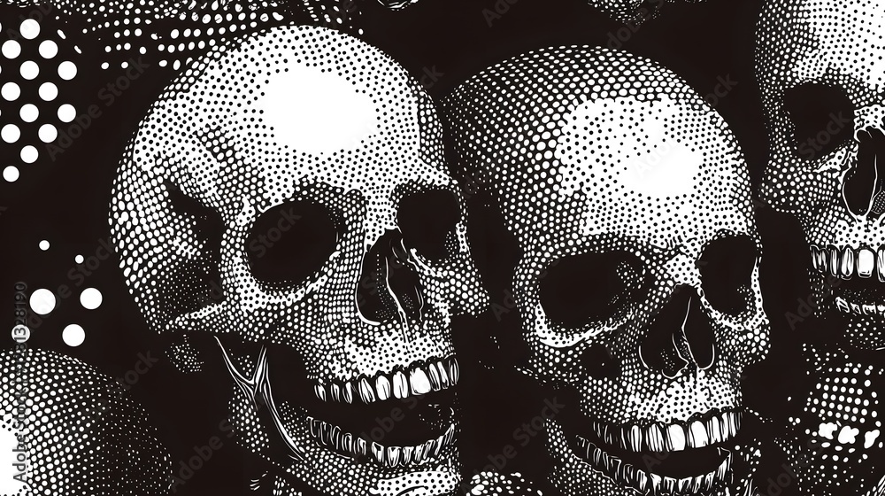 Poster haunting monochrome skulls background with dotted patterns