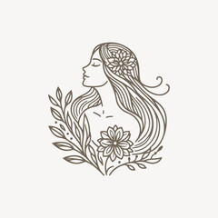 Natural beauty woman long hair vintage logo for salon or cosmetic product with line art style. Line art floral women logo design. creative vintage editable vector illustration.	 beautiful girl icon