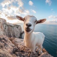 Obraz premium Playful white goat smiling at the camera on a rocky cliff overlooking a serene ocean at sunset