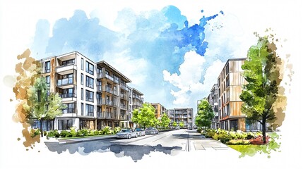 Sketch of Modern Architecture: Apartment Buildings in Watercolor