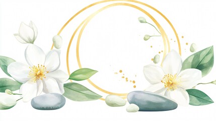 Watercolor Spa Composition Gold Circle Frame with White Decoration