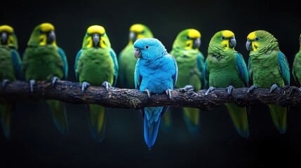 Blue parrot perched amongst green parrots on a branch