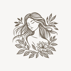 Natural beauty woman long hair vintage logo for salon or cosmetic product with line art style. Line art floral women logo design. creative vintage editable vector illustration.	 beautiful girl icon