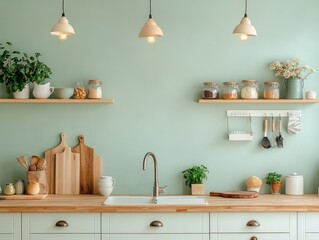 Interior kitchen photograph shows decorative kitchen setting with lighting fixtures