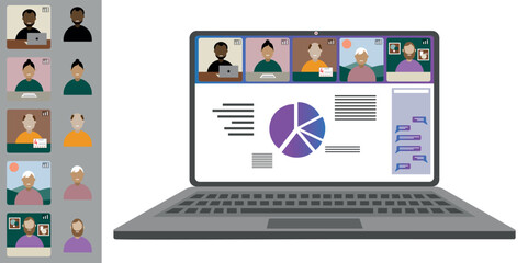 Video call conference, working from home. Colleagues of different nationalities and ages talk to each other on the laptop screen. Isolated illustration on white background in flat style trendy colors