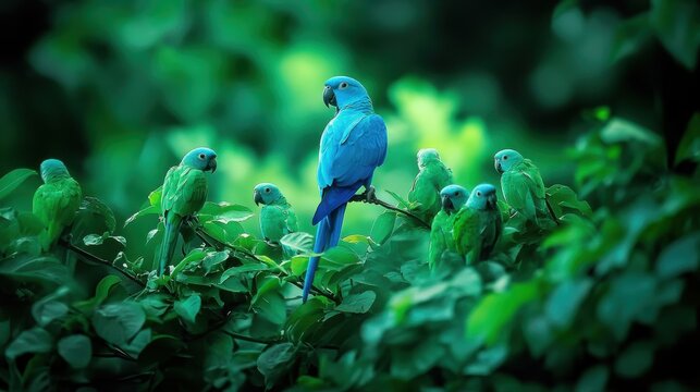A vibrant blue parrot among green parrots in lush foliage