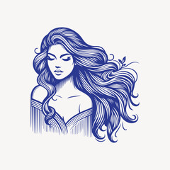 Natural beauty woman long hair vintage logo for salon or cosmetic product with line art style. Line art floral women logo design. creative vintage editable vector illustration.	 beautiful girl icon
