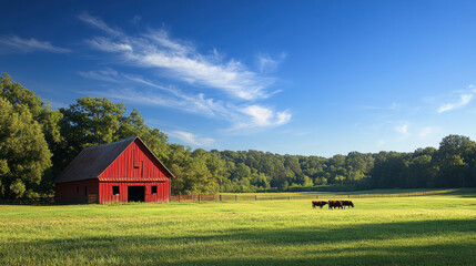 Obraz premium peaceful rural farm scene with red barn and grazing cows under clear blue sky