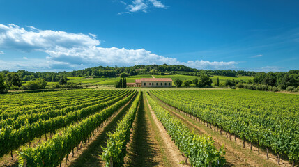 Naklejka premium picturesque vineyard with rows of grapevines under clear blue sky, distant farmhouse nestled among rolling hills, and lush greenery surrounding area