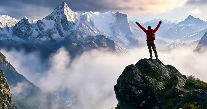 Majestic Mountain Range with Trekker on Rocky Summit