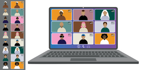 Video call conference, working from home. Colleagues of different nationalities and ages talk to each other on the laptop screen. Isolated illustration on white background in flat style trendy colors