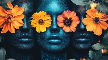 Fototapeta premium Three blue faces adorned with colorful flowers cover their eyes