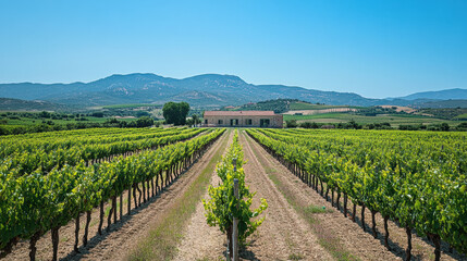 Fototapeta premium picturesque vineyard with rows of grapevines and distant farmhouse under clear blue sky, surrounded by rolling hills and mountains