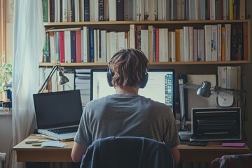 Young pretty student using e-learning on laptop or working remotely in home office using laptop.