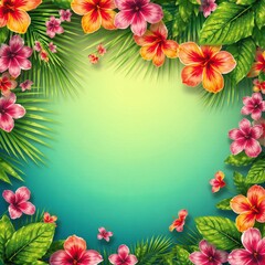 Obraz premium A bright and exotic tropical-themed background with vivid green palm leaves and colorful hibiscus flowers framing the edges, leaving a clean center space for text placement