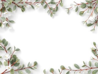 Fototapeta premium A clean and modern botanical background featuring soft eucalyptus branches arranged around the edges, with a minimal white center left empty for text placement. Gentle shadows add depth.