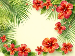 A bright and exotic tropical-themed background with vivid green palm leaves and colorful hibiscus flowers framing the edges, leaving a clean center space for text placement