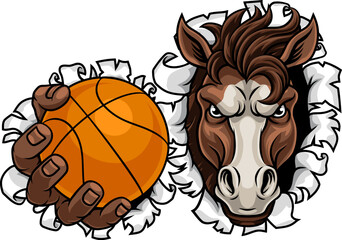 Horse mustang bronco stallion basketball angry sports team mascot holding a ball.