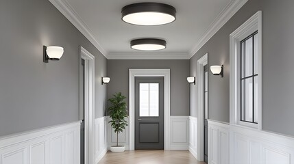 Elegant Gray Hallway Interior Design with Modern Lighting