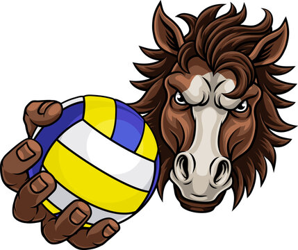 recommend clip art: Horse mustang bronco stallion angry volleyball sports team mascot holding a ball.