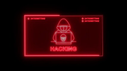 Hacked icon ,Warning hack security breach computer hacking warning message hacked alert Animation of hacked text banner, microprocessor connections and data processing on black background - Powered by Adobe