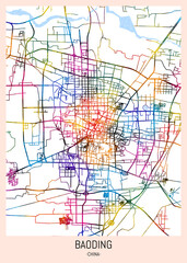 Naklejka premium Baoding China City Map, downtown tourism, house art travel, scenic metropolis concept, travel art city, patriotic abstract banner