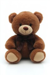 Obraz premium Adorable brown teddy bear with a ribbon bow tie sitting on a white surface in a studio setting perfect for kids and toy stores