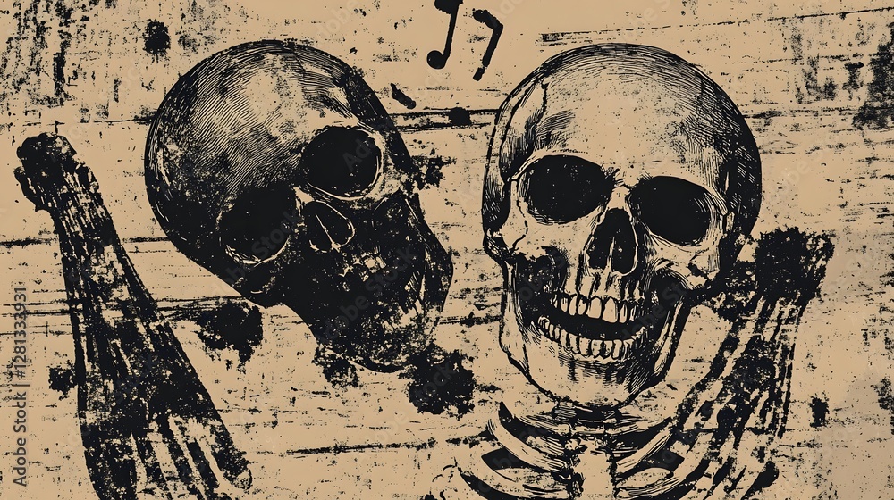 Poster haunting skeletal visage:monochrome gothic art symbolizing mortality and the macabre